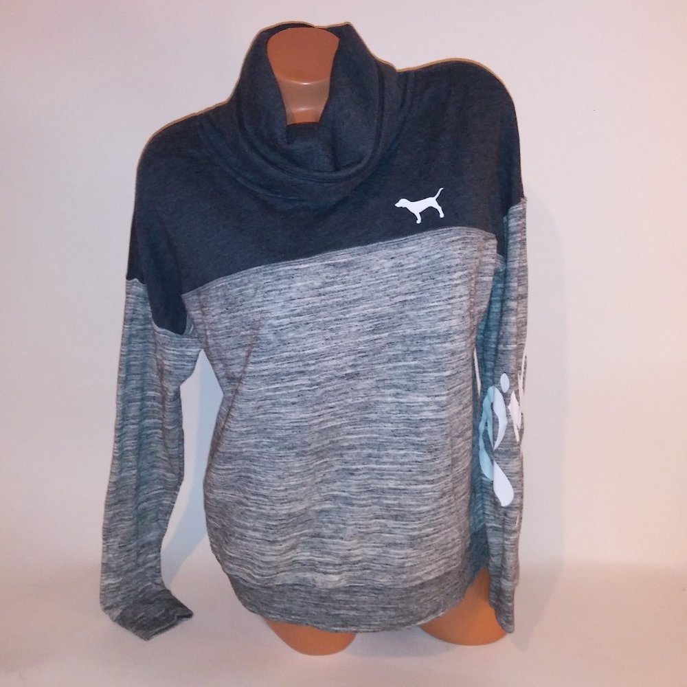 Victoria Secret PINK Sweater Small Cowl Neck Gray Logo Marl Bust 23" Length 23"